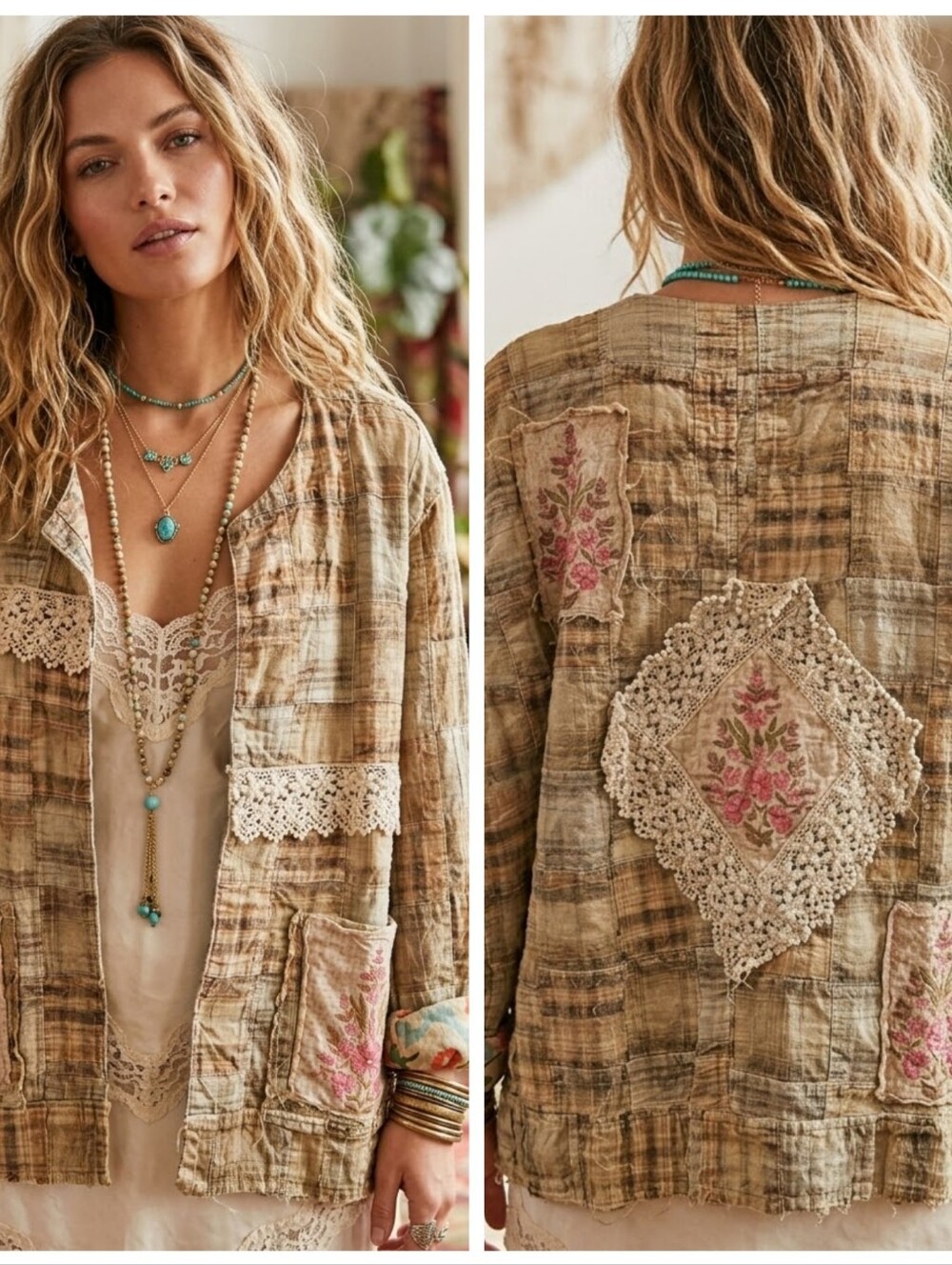Rare Bird Plaid Distressed Crochet Applique Jacket